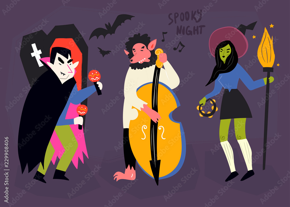 Spooky night. Halloween music artists. Hand drawn vector set. All elements are isolated Spooky night. Halloween music artists. Hand drawn vector set. All elements are isolated
