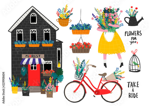 Flower shop and various florist elements. Hand drawn vector set. All elements are isolated