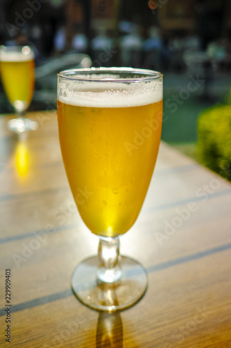 One cold light unfiltered beer in glass served on sunny outdoor terrace in garden