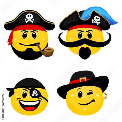Vector emoticon set of pirates. Face icons of pirate captains and seamen in cartoon style on white background