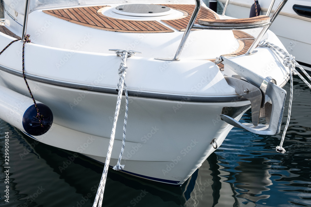 Naklejka premium Modern yachts moored close up outdoor view