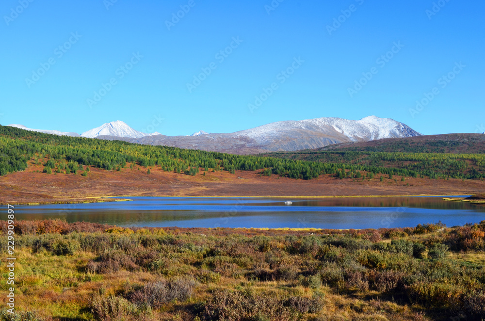 Mountain Altai. View of the mountain lake and the Kurai range