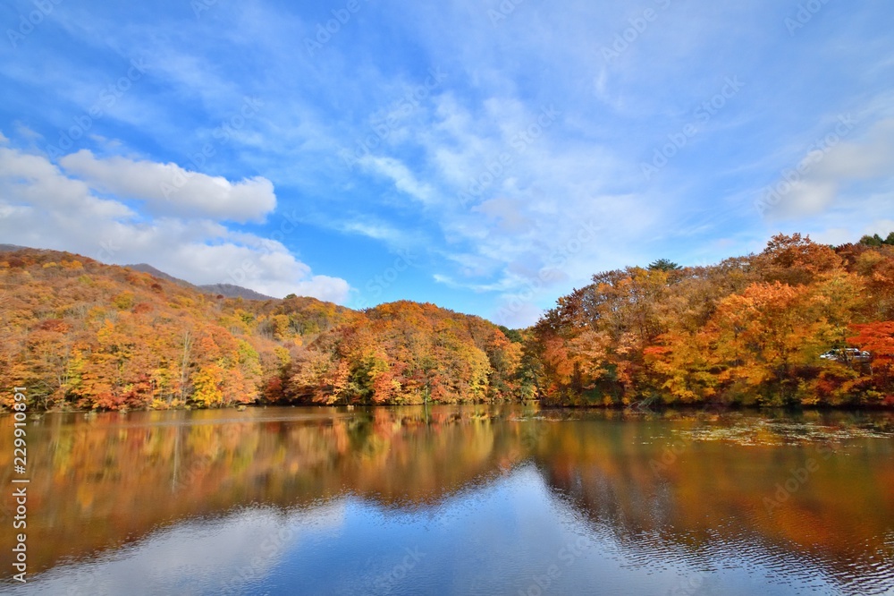 秋空と紅葉の湖畔