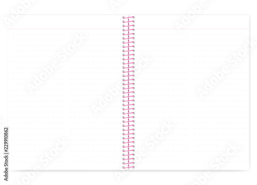 Open lined wire bound note book with pink spiral, vector mockup
