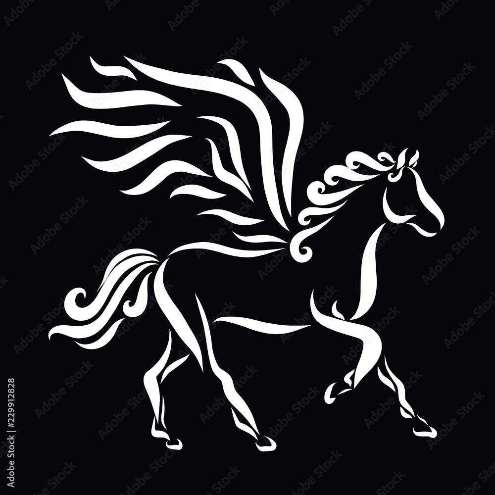 Stately winged horse, white pattern on a black background Stately winged horse, white pattern on a black background