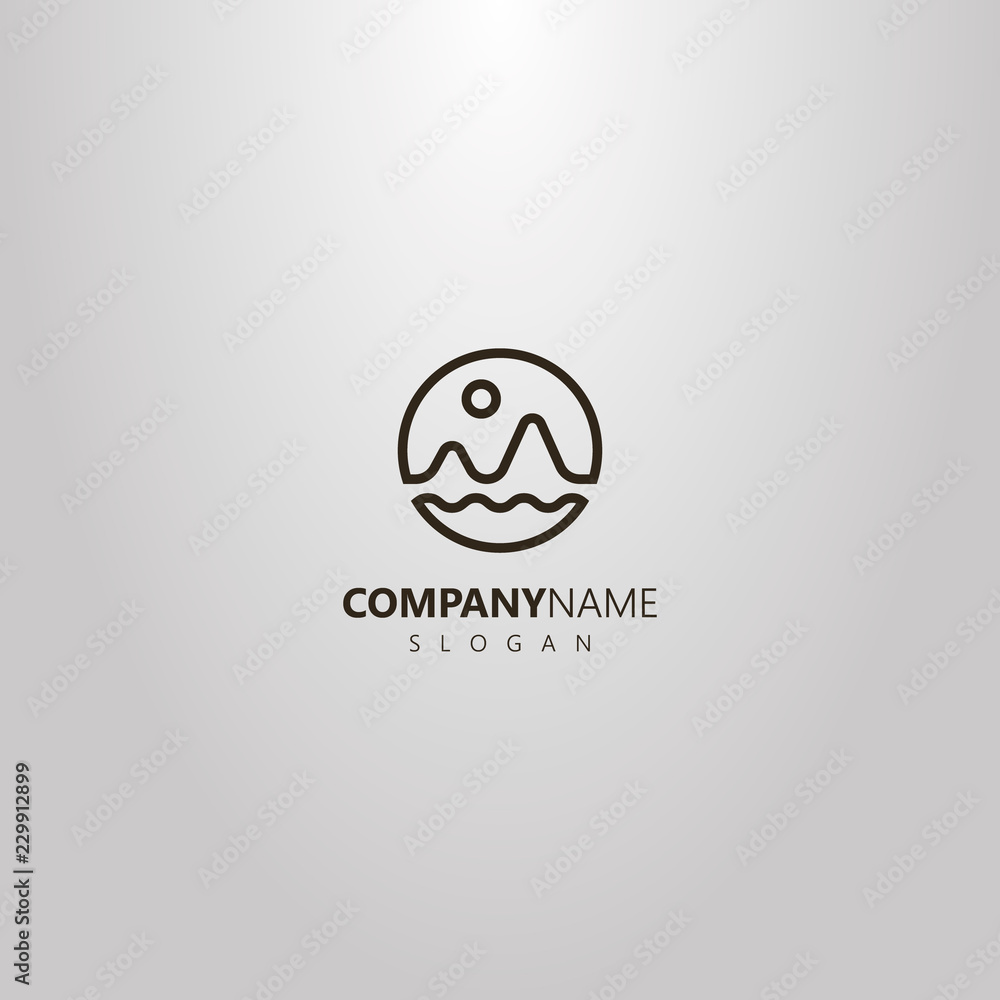 black and white simple vector line art logo of the landscape of two mountains, the sun and the waves of water black and white simple vector line art logo of the landscape of two mountains, the sun and the waves of water