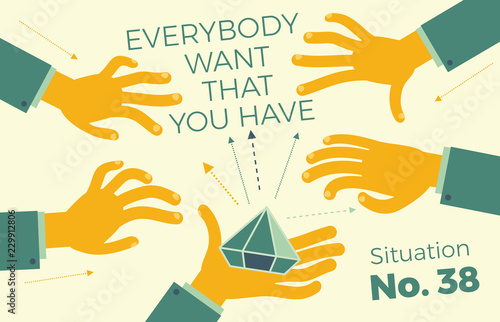 Flat design illustration for presentation, web, landing: The hand holds the jewel, and the other hands reach for it