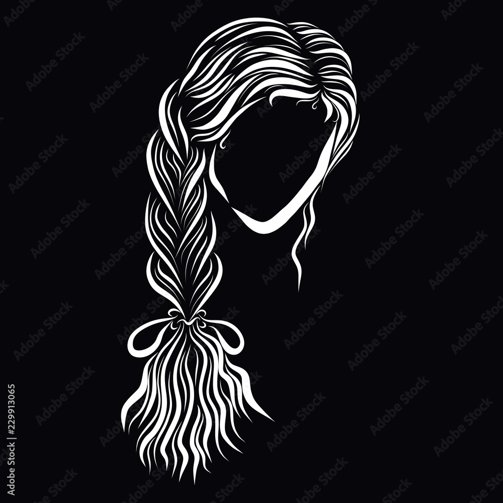 An image of a beautiful girl with a long thick pigtail, black background