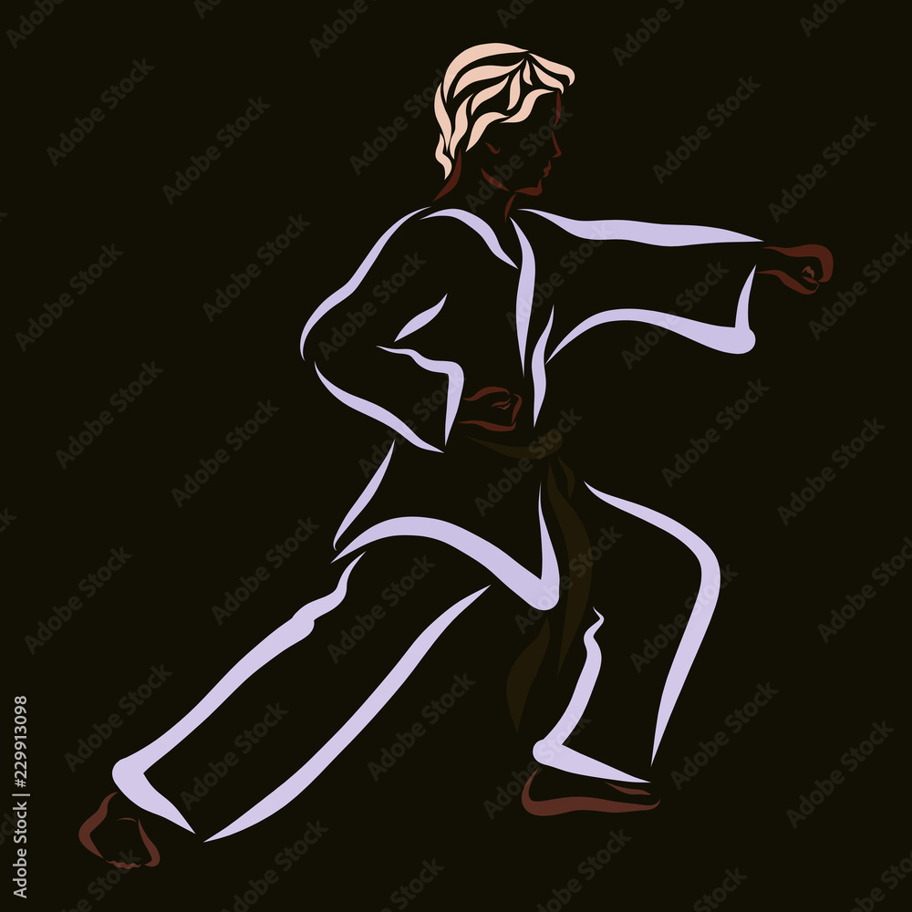 Young fighter, karate class, pattern on black background Young fighter, karate class, pattern on black background