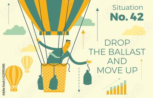 Flat design Illustration for presentation, web, landing page: successful businessman flying aerostat up throwing off the ballast. 