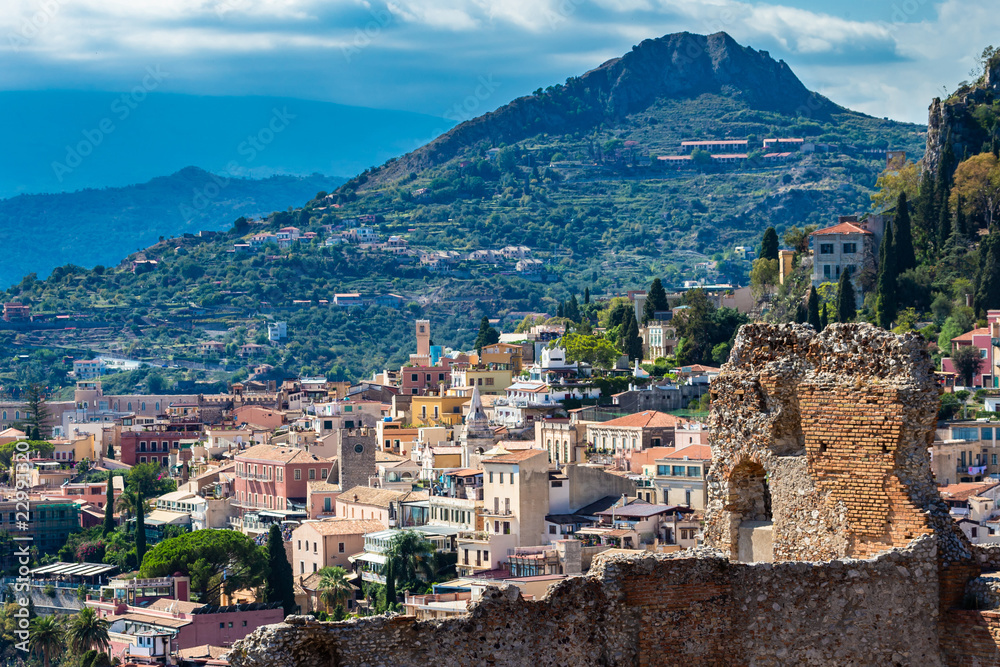 Taormina.  Taormina has been main  tourist destination in Sicily since the 19th century. Taormina, Sicily, Italy.