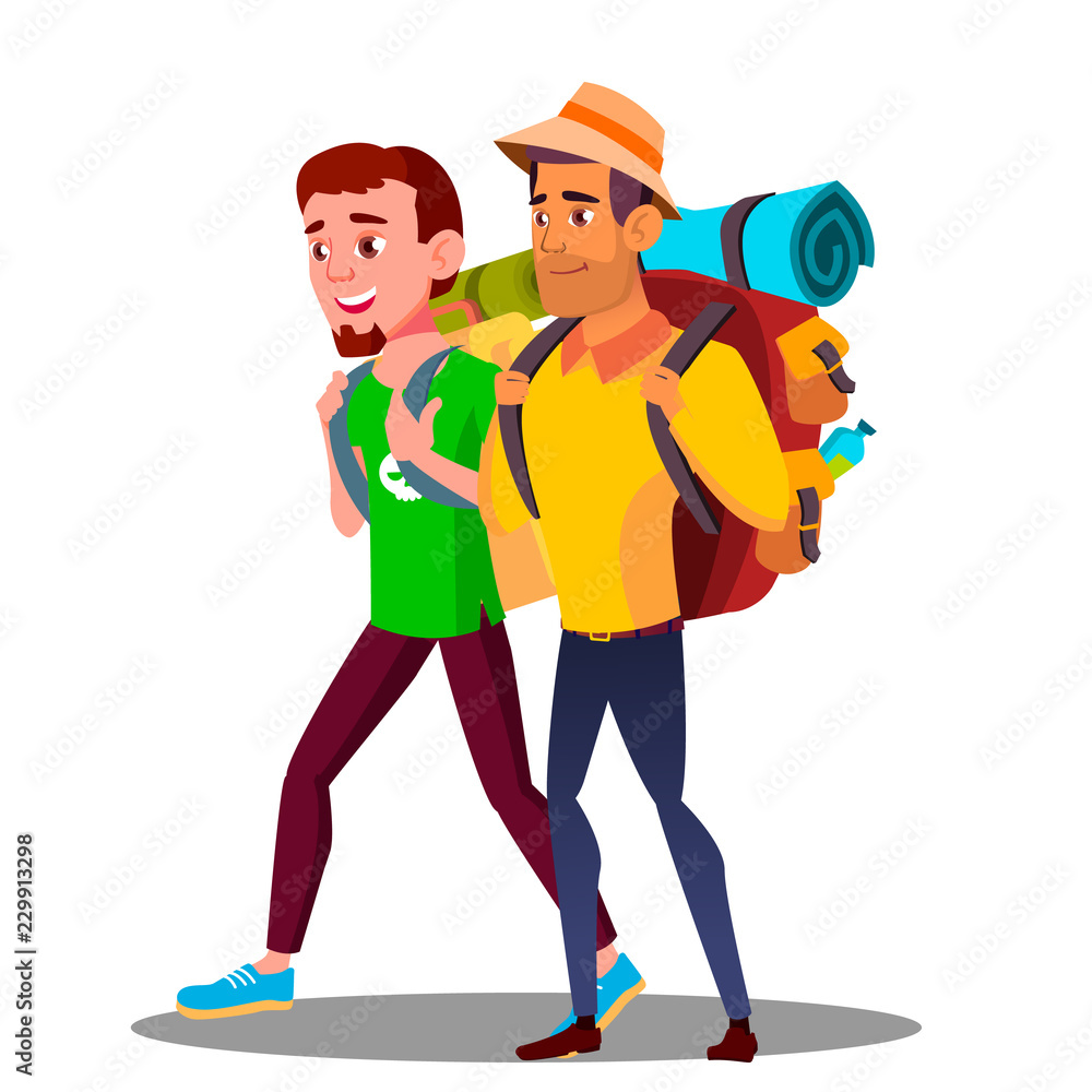 Two Guy Friends Teen Going Hiking With Backpacks Vector. Isolated Illustration