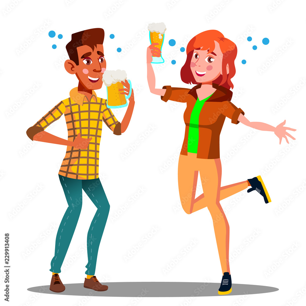 Two Drunken Teenagers With Beer Glass, The Problem Of Child Alcoholism Vector. Isolated Illustration Two Drunken Teenagers With Beer Glass, The Problem Of Child Alcoholism Vector. Isolated Illustration