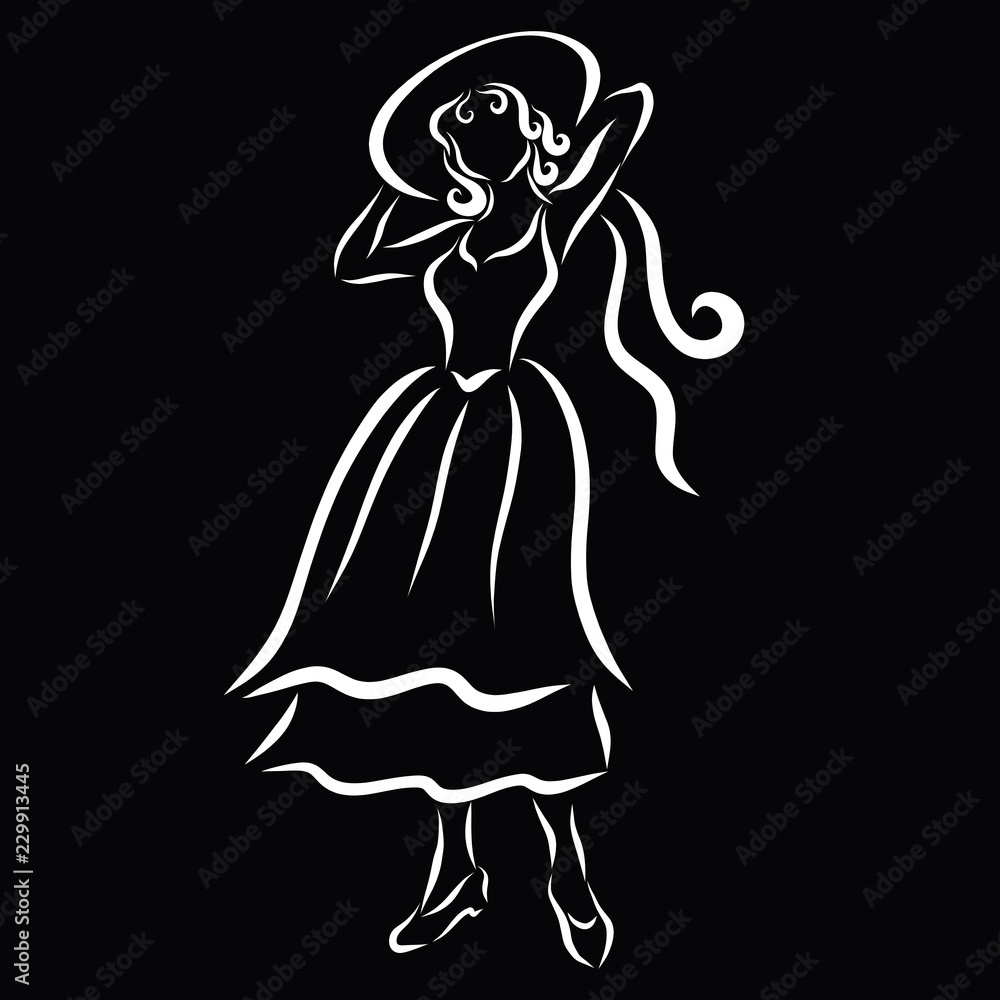 Fototapeta premium Pretty woman in a summer hat and retro dress, black background