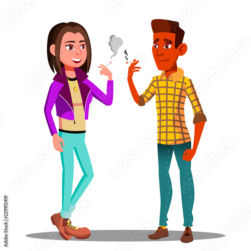 Two Teenagers Smoking, Nicotine Addiction Vector. Isolated Illustration
