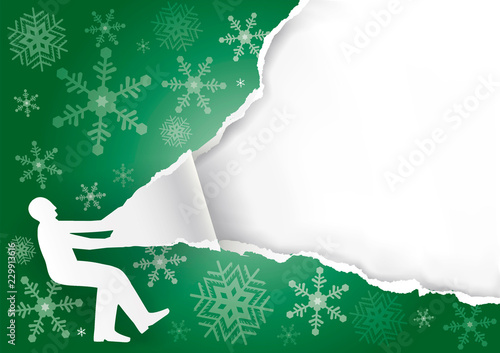 Man Ripping Christmas Paper Background.
Paper male silhouette ripping green christmas paper background. Unwrapping gift. Vector available. 