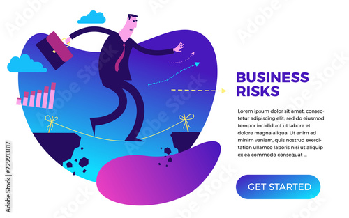 Flat design illustration for presentation, web, landing page: businessman ropewalker walks through the abyss along a rope.