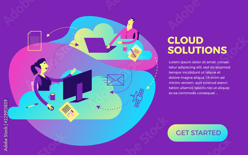 Flat design illustration for presentation  web  landing  businessman and businesswoman working with cloud service.