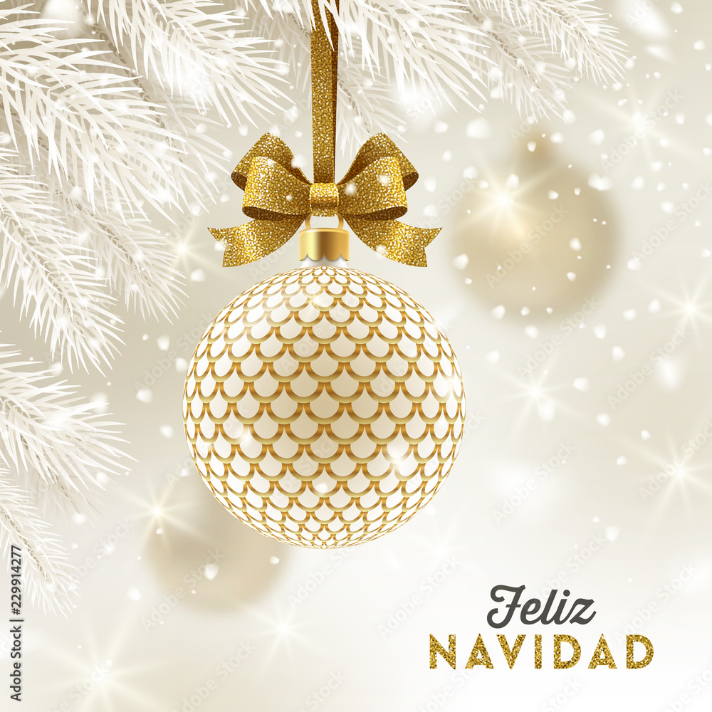 Feliz navidad - Christmas greetings in Spanish - patterned golden bauble with glitter gold bow hanging on a christmas tree. Vector illustration. - obrazy, fototapety, plakaty 