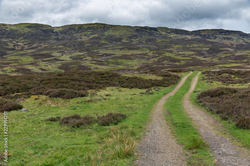 Unpaved country road in Scottish Highlands near Loch Tay and Ben Lawers