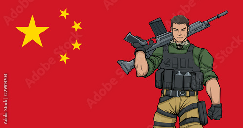 Illustration of Chinese soldier with the flag of China in the background.  