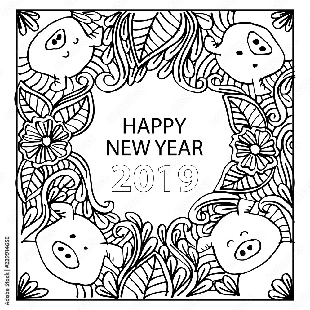 Fototapeta premium Happy new year 2019 text on floral background.
