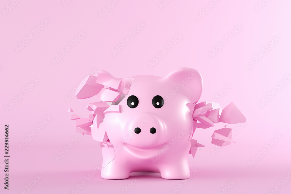 D Rendering, Piggy bank bursting into pieces in front of pink background D Rendering, Piggy bank bursting into pieces in front of pink background