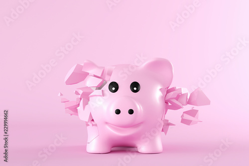 D Rendering, Piggy bank bursting into pieces in front of pink background