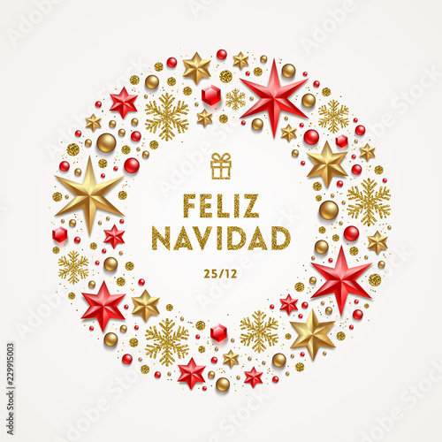 Feliz navidad - Christmas greetings in Spanish. Frame in the form of Christmas wreath made from stars, ruby gems, golden snowflakes, beads and glitter gold.