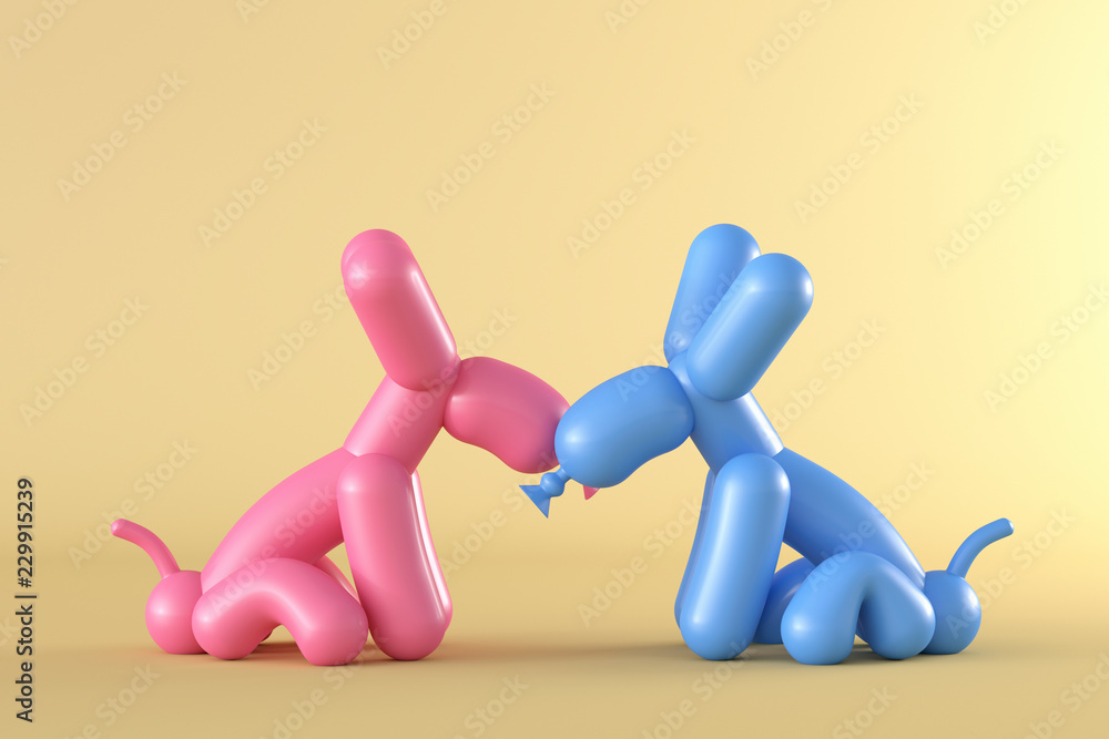 D Rendering, Two balloon dogs kissing in front of yellow background D Rendering, Two balloon dogs kissing in front of yellow background