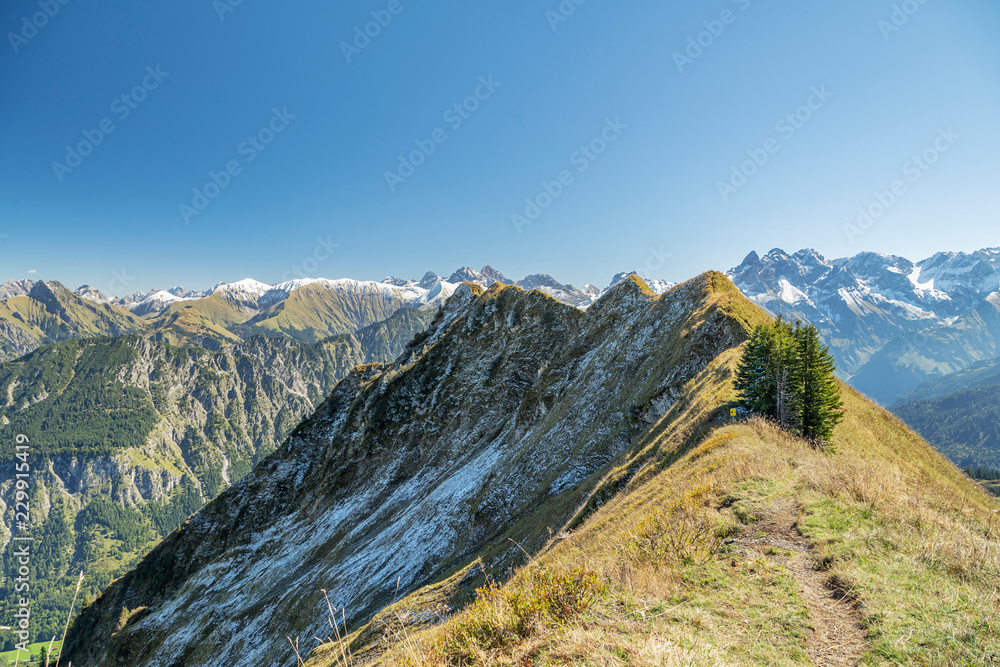 View to Schlappoldkopf on the mountaineer Anderl Heckmair trail with breathtaking Alps-Panorama / Bavaria