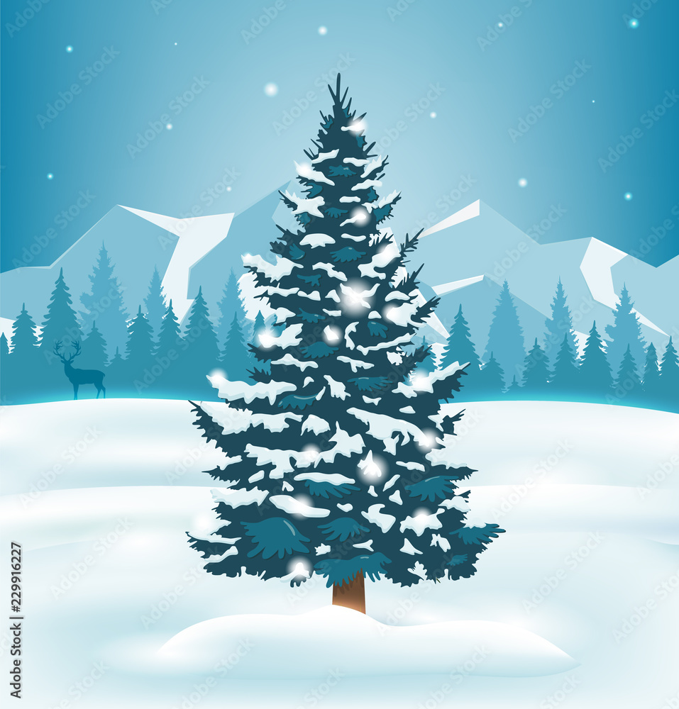 Fototapeta premium Winter landscape with snowy pine trees and mountains. Holiday backrground. Vector
