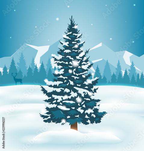 Winter landscape with snowy pine trees and mountains. Holiday backrground. Vector
