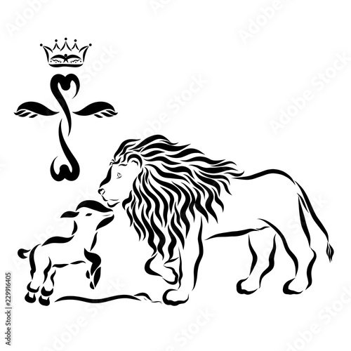 Snakes under the feet of a lion and a lamb  a winged cross and a crown