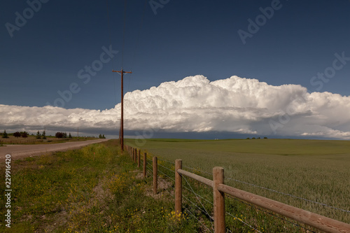 Huge Cumulonimbus cloud over farmland in Okotoks Alberta, view of a road lined with wooden post fences and hay and grass field.
