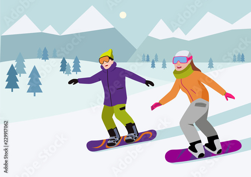 Flat vector illustration of snowboard. Couple of snowboarders in the mountains. Winter sport  and recreation. Snowboarding resort with young man and woman.  