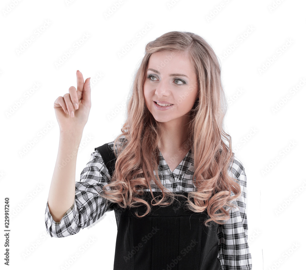 young business woman pointing at copy space. young business woman pointing at copy space.