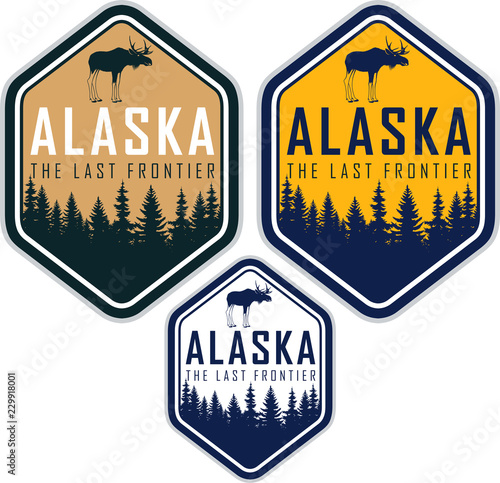 Alaska vector labels with woodland forest and moose