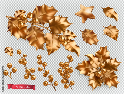 Christmas decorations. Golden holly 3d realistic vector icon set