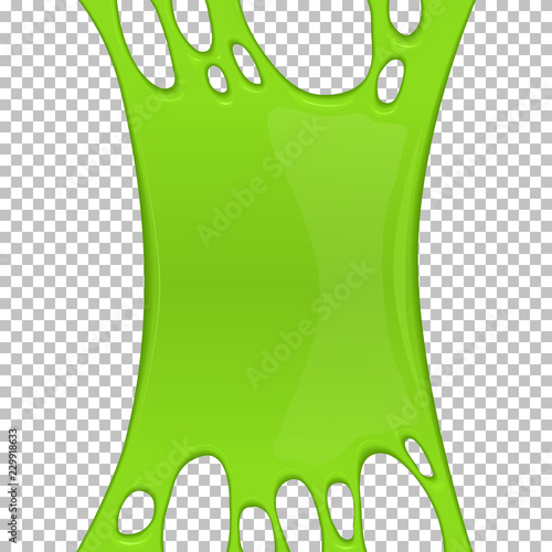 Green sticky slime banner with copy space. Frame of scary zombie slime. Popular kids sensory toy vector illustration. Realistic radioactive slime isolated object. Halloween party spooky design element