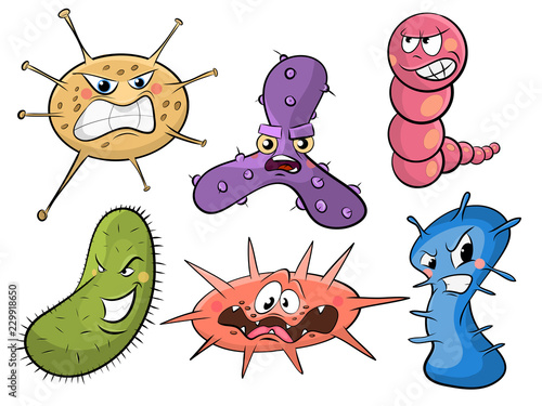 Set of different bacteria characters. Cartoon angry vector illustrations.