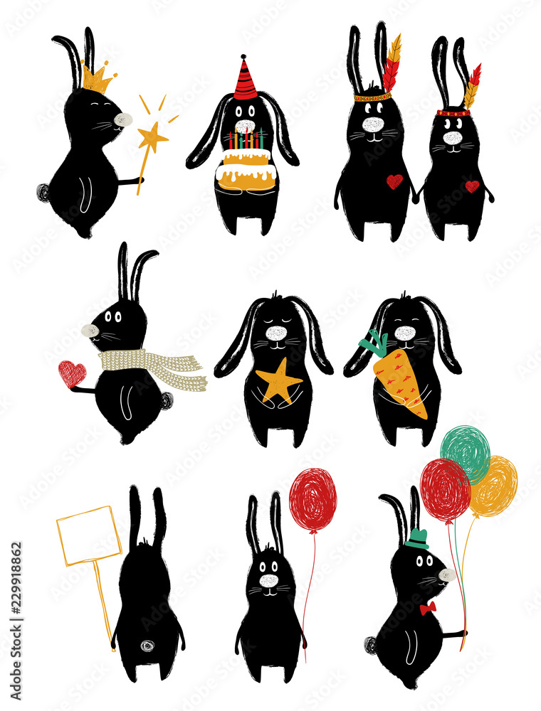 Fototapeta premium Funny Set With Cute Rabbit.