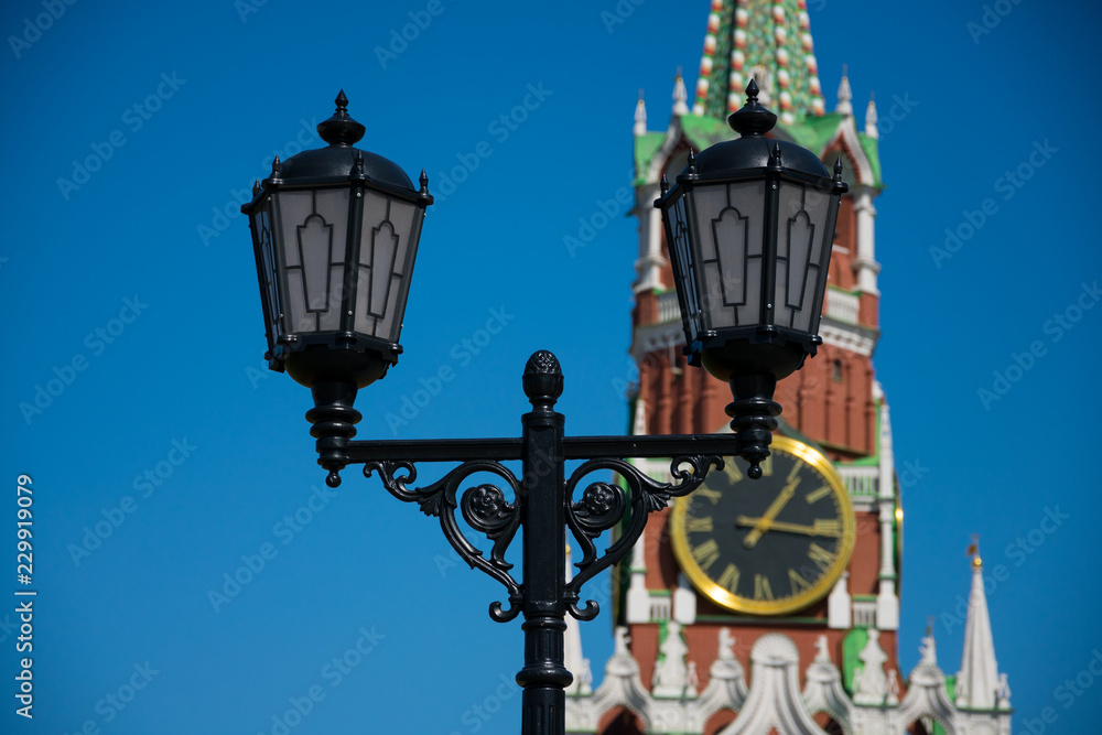 Old street lamp with the Spasskaya Tower (Saviour Tower) in the background