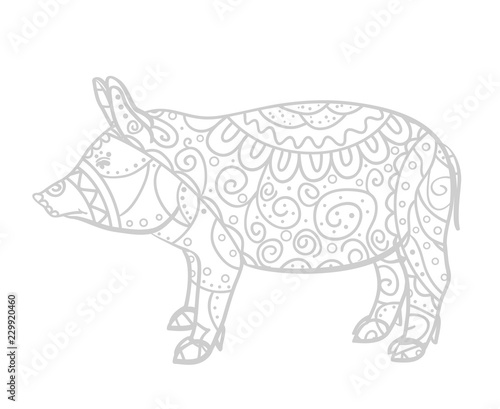 Pig on white. Zen art. Zentangle. Hand drawn animal with intricate patterns on isolated background. Design for spiritual relaxation for adults. Black and white illustration for coloring. Print