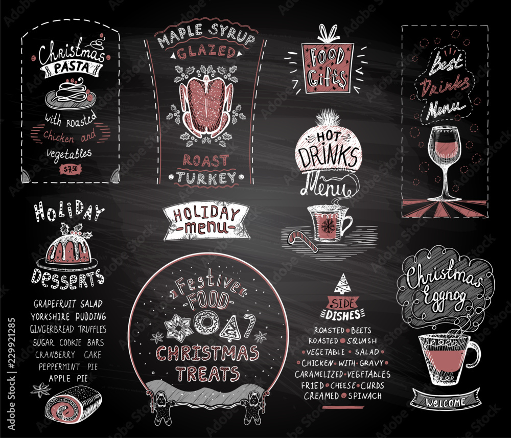 Holiday chalkboard menu set, christmas and new year classic dishes, desserts and drinks, festive food and treats - obrazy, fototapety, plakaty 