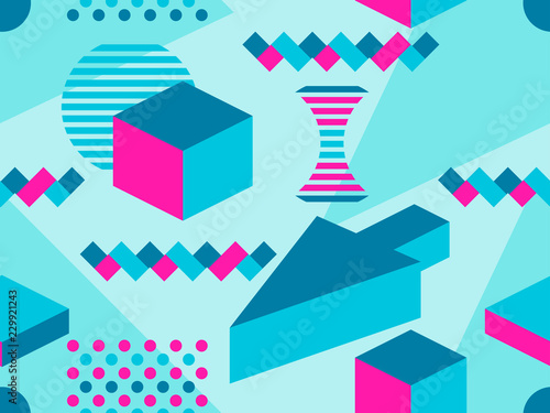 Memphis seamless pattern. Geometric elements memphis in the style of 80's. Isometric shapes. Vector illustration