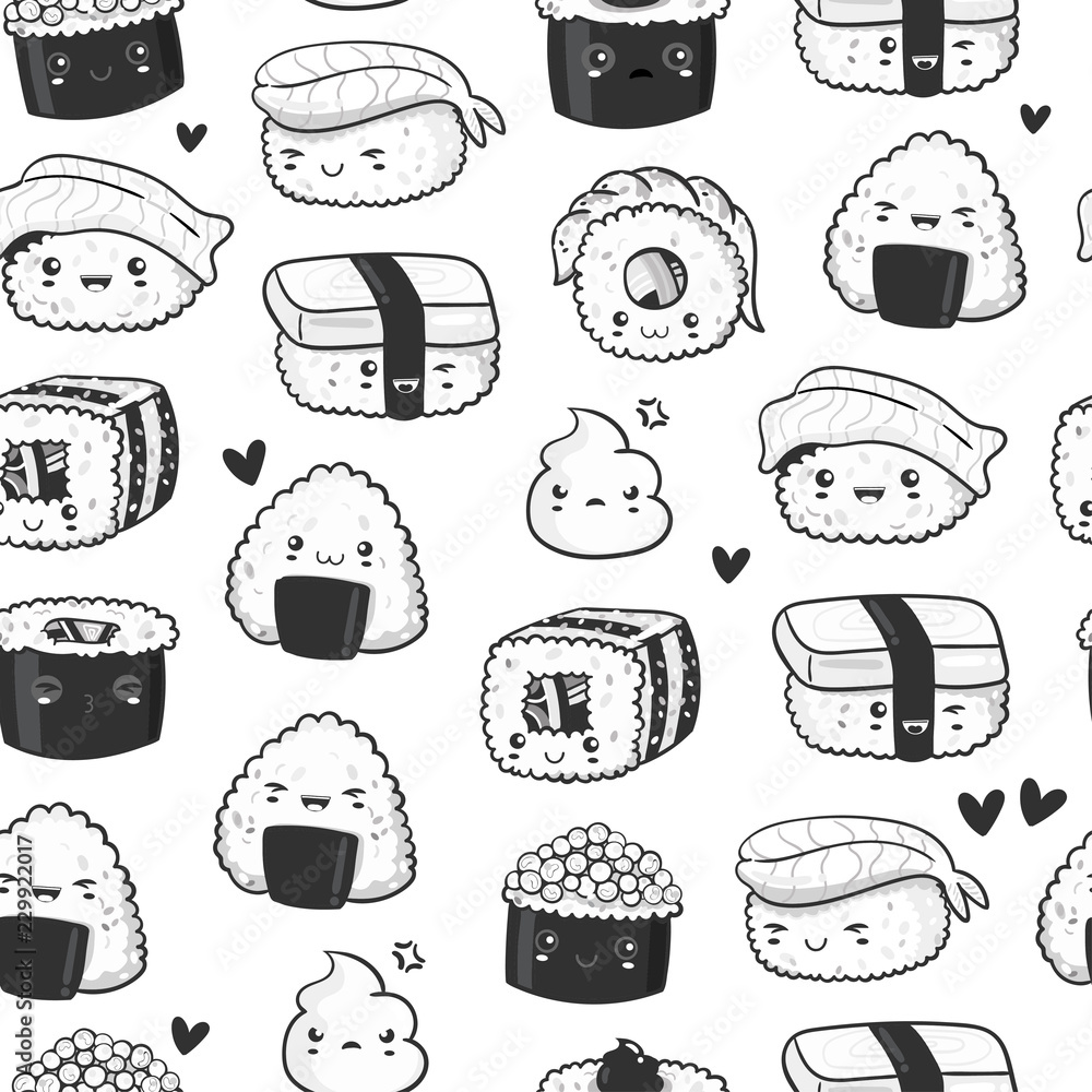 Hand drawn various cute sushi. Black and white vector seamless pattern ...