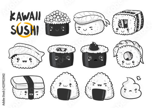 Hand drawn various kawaii sushi. Black and white vector set. All elements are isolated