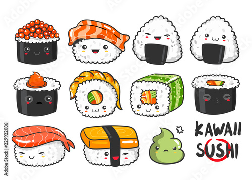 Hand drawn various kawaii sushi. Colored vector set. All elements are isolated photo