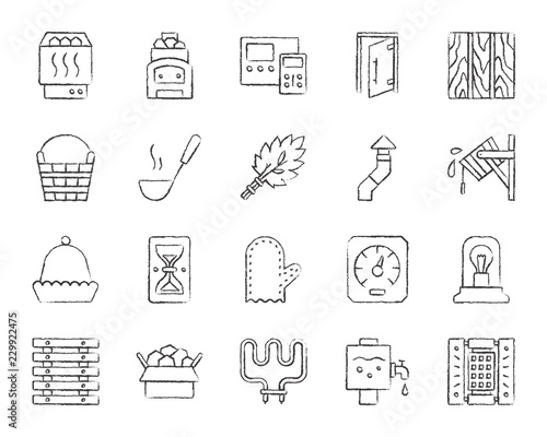 Sauna Equipment charcoal draw line icon vector set